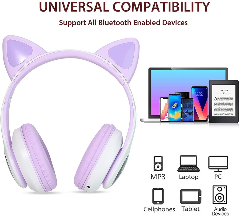 Kids Headphones, Cat Ear Wireless Headphones, LED Light up Kids Bluetooth Headphones over on Ear W/Microphone for Phone