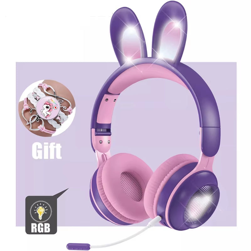 Wireless Headphones Rabbit Ear Headphones with Microphone Cute Girl Music Bluetooth Headphones for Kids Gaming Headphones
