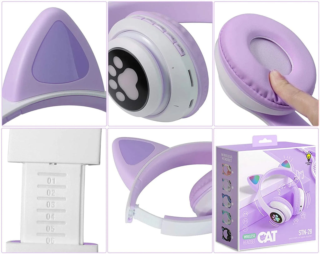 Kids Headphones, Cat Ear Wireless Headphones, LED Light up Kids Bluetooth Headphones over on Ear W/Microphone for Phone